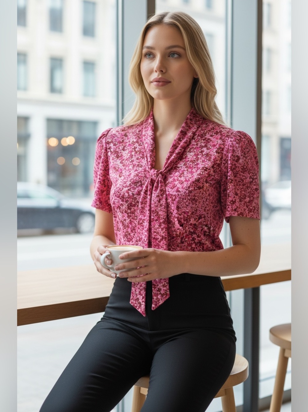 Michael Kors Floral Tie Neck Blouse Women’s Medium NWT Pink Short Sleeve Top